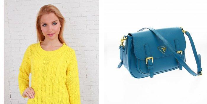 Желтый свитер и ярко-голубая сумочка